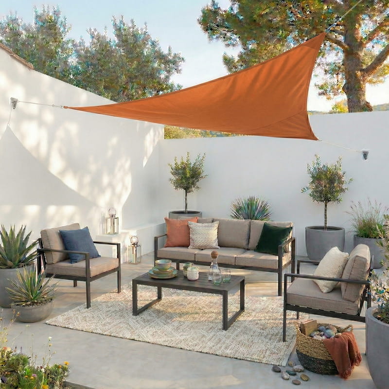 sonnensegel 3x4x5m Dreieckiges Senffarbenes – Toile d'Ombrage mute-scuba Centano Standpumpe Ventoux mit Linsenfarbe:Grüne VLT11%+Bonus klare Linse